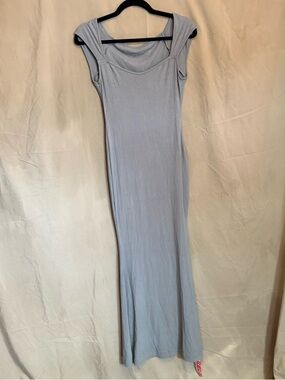 Sculpted Light Blue Maxi Dress with Draped Shoulders